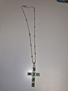14K Gold Plated Emerald Green Cross Pendant Necklace - Women Jewelry